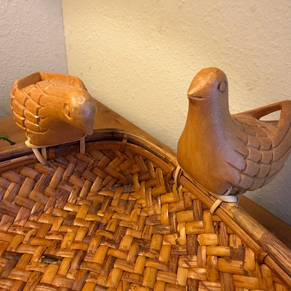 Vtg Splint Ash Square Basket Tray Hand Woven Carved Birds New England 9